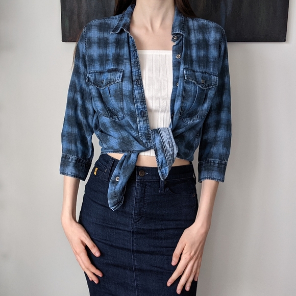 &DENIM Blue Black Plaid Button Up - Picture 2 of 4